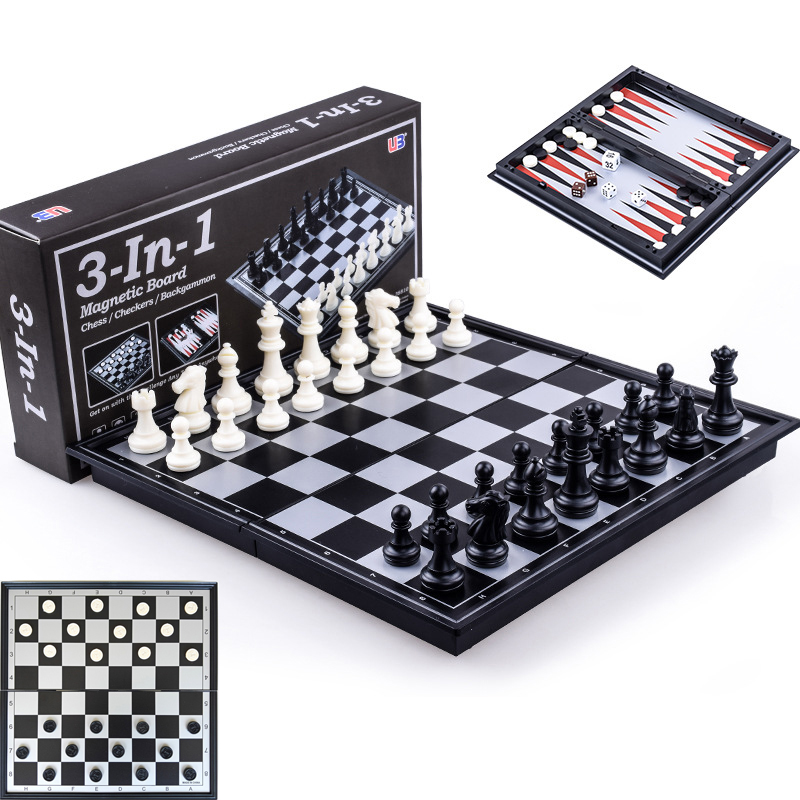 Board Game Ludo - 折りたたみ式磁気チェス 25CM チェッカー バックギャモン ゲームボード 3-in-1
