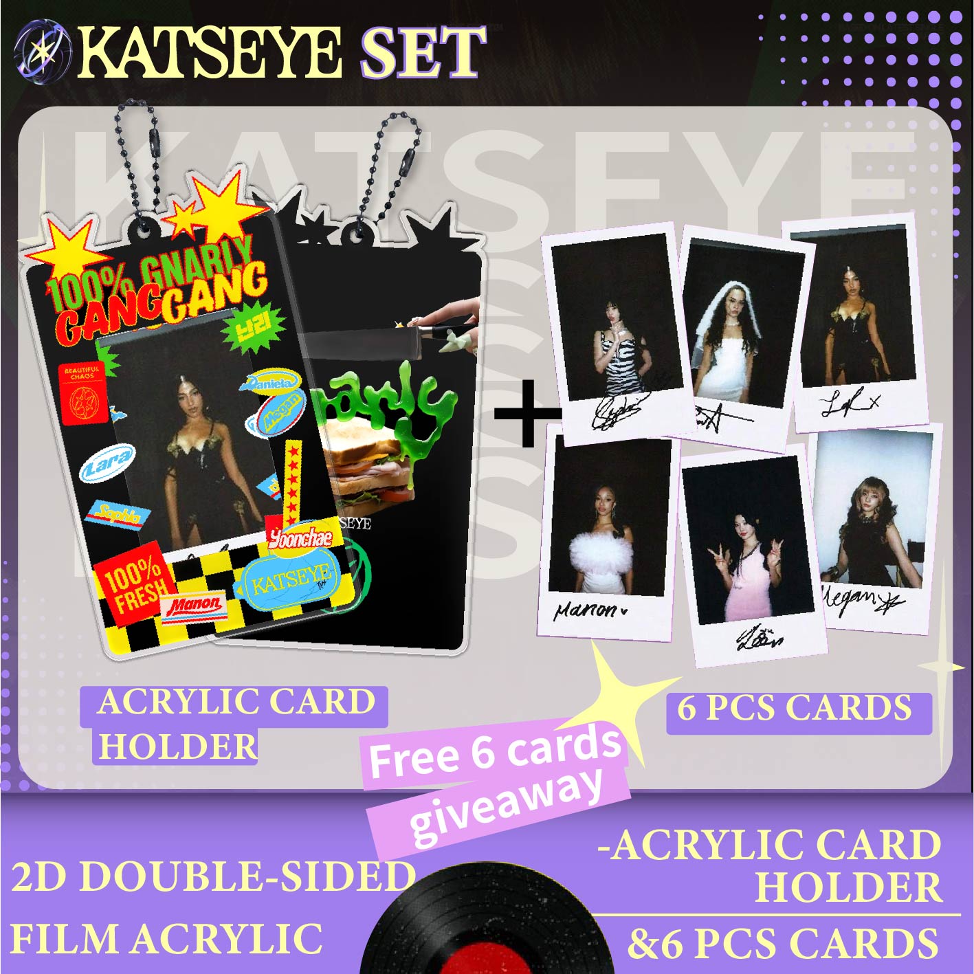 Card Sleeves Protector - KATSEYEセット、アクリル製フォトカードホルダー（ポラロイドカード6枚付き）、マノン、ララ、K-POPグループフォトカードスリーブ、シグネチャースタイルカード
