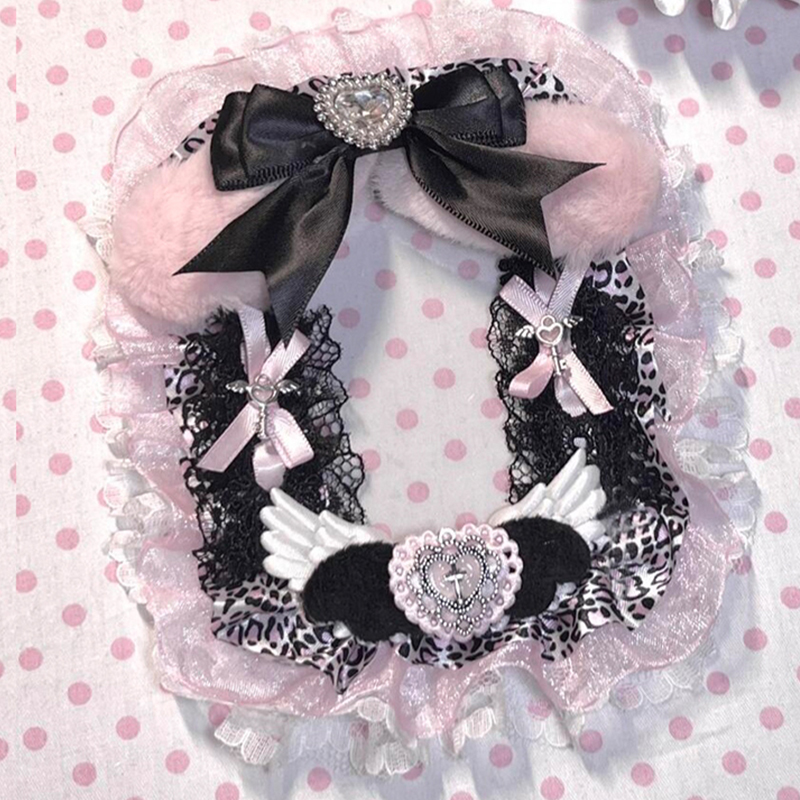 ハンドメイド ピンク黒ヒョウ柄レースリボンファー PVC ト - Card Sleeves Protector のレビューと価格